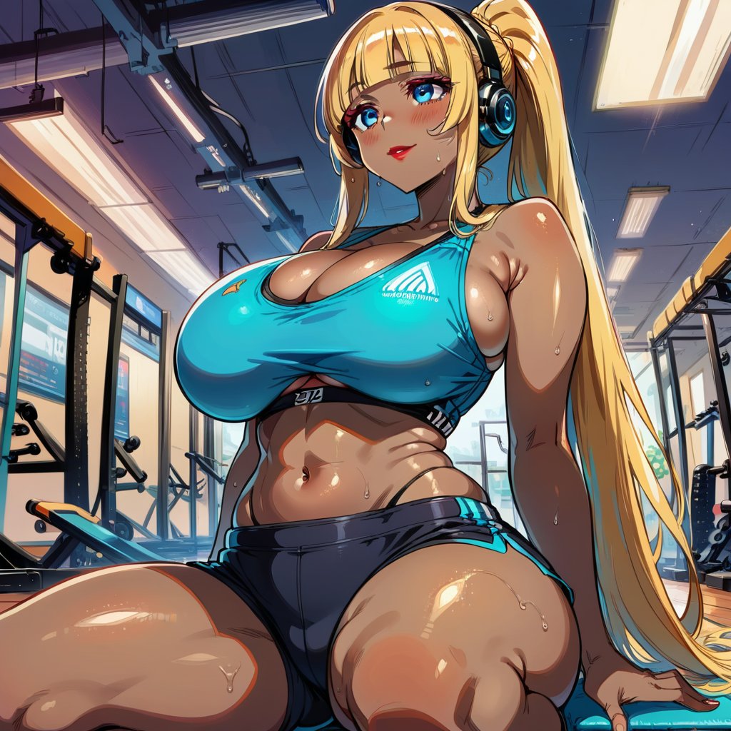 score_9, score_8_up, score_7_up, masterpiece, best quality, highres, 1girl, curvy, anime eyes, large eyes, neon blue eyes, neon_blue_eyes, kawaii anime style, very kawaii anime style, super kawaii anime style, super cute anime style, cute anime style, sexy anime style, cute girl, kawaii, cute, kawaii girl, red eyeshadow, eyeshadow, long eyelashes, eyeliner, blush, red lipstick, medium lips, full lip, full_lips, smile, upper_body, face_only, close up, face only, close_up, face, solo girl, solo_girl, 1 girl, so cute, very_cute_girl, hime_cut, hime cut, red eyeshadow, red_eyeshadow, long eyelashes, long_eyelashes, red_lipstick, red lipstick, age 25, cat_shaped_eyes, fox_shaped_eyes, thick_eyelashes, very_thick_eyelashes, thick eyelashes, blonde hair, blonde_hair, bright blonde hair, bright_blonde_hair, gym,, weight_room, treadmills, treadmill, headphones over ears, black headphones over ears, black headphones, headphones_over_ears, brown_girl, brown skin, brown_skin, brown skinned, dark skin, dark_skinned, brown_skinned, blue sports bra, blue_sports_bra, small sports bra, tight sports bra, tight_sports_bra, extremely tight sports bra, midriff, exposed midriff, exposed_midriff, large ponytail, large_ponytail, long ponytail, long_ponytail, massive breasts, black shorts, side boobs, side_boobs, side_boob, side boob, curvy hips, curvy_hips, wide_hips, wide hips, thick thighs, thigh_thighs, toned body, toned_body, abs, view from below, from_below, from below, view_from_below, on knees, sweating, girl sweating, girl_sweating, yoga, yoga posing, yoga_posing, girl looking up, blush, blushing, girl blushing, red blush, pink blush, underboob, under boob, leaning back, leaning_back, cleavage, deep cleavage, deep_cleavage, micro sports bra, micro_sports_bra, view directly below girl, directly below girl, directly below, low angle, low_angle