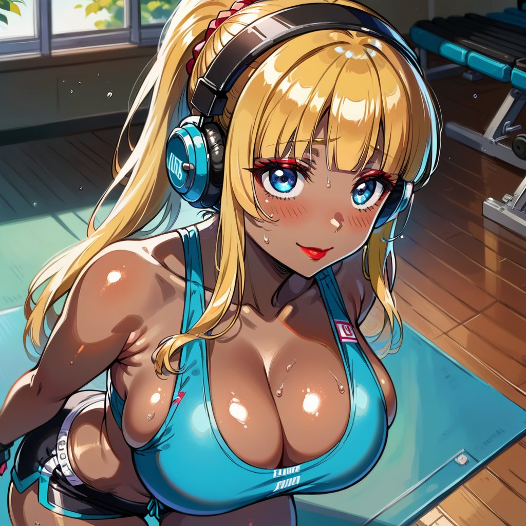 score_9, score_8_up, score_7_up, masterpiece, best quality, highres, 1girl, curvy, anime eyes, large eyes, neon blue eyes, neon_blue_eyes, kawaii anime style, very kawaii anime style, super kawaii anime style, super cute anime style, cute anime style, sexy anime style, cute girl, kawaii, cute, kawaii girl, red eyeshadow, eyeshadow, long eyelashes, eyeliner, blush, red lipstick, medium lips, full lip, full_lips, smile, upper_body, face_only, close up, face only, close_up, face, solo girl, solo_girl, 1 girl, so cute, very_cute_girl, hime_cut, hime cut, red eyeshadow, red_eyeshadow, long eyelashes, long_eyelashes, red_lipstick, red lipstick, age 25, cat_shaped_eyes, fox_shaped_eyes, thick_eyelashes, very_thick_eyelashes, thick eyelashes, blonde hair, blonde_hair, bright blonde hair, bright_blonde_hair, gym,, weight_room, treadmills, treadmill, headphones over ears, black headphones over ears, black headphones, headphones_over_ears, brown_girl, brown skin, brown_skin, brown skinned, dark skin, dark_skinned, brown_skinned, blue sports bra, blue_sports_bra, small sports bra, tight sports bra, tight_sports_bra, extremely tight sports bra, midriff, exposed midriff, exposed_midriff, large ponytail, large_ponytail, long ponytail, long_ponytail, massive breasts, black shorts, side boobs, side_boobs, side_boob, side boob, curvy hips, curvy_hips, wide_hips, wide hips, thick thighs, thigh_thighs, toned body, toned_body, abs, view from above, from_above, from above, view_from_above, on knees, sweating, girl sweating, girl_sweating, yoga, yoga posing, yoga_posing, girl looking up, blush, blushing, girl blushing, red blush, pink blush, underboob, under boob, leaning back, leaning_back, cleavage, deep cleavage, deep_cleavage 