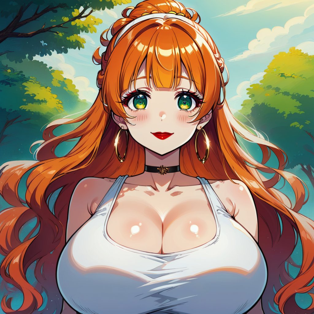 score_9, score_8_up, score_7_up, masterpiece, best quality, highres, 1girl, curvy, anime eyes, large eyes, green eyes, kawaii anime style, very kawaii anime style, super kawaii anime style, super cute anime style, cute anime style, sexy anime style, cute girl, kawaii, cute, kawaii girl, red eyeshadow, eyeshadow, long eyelashes, eyeliner, blush, red lipstick, medium lips,  orange hair, orange_hair, standing, smile, upper_body, face_only, close up, face only, close_up, face, solo girl, solo_girl, 1 girl, so cute, very_cute_girl, hime_cut, hime cut, golden hoop earrings, golden_hoop_earring, red eyeshadow, red_eyeshadow, long eyelashes, long_eyelashes, red_lipstick, red lipstick, age 25, thick_eyelashes, very_thick_eyelashes, thick eyelashes, straight bangs, straight_bangs, straight_cut_hair, straight cut hair, cat eye shape, cat_eye_shape,  black choker, black_choker, sundress, white_sundress, white hairband, white_hairband, hairband, park, sleeveless, very long eyelashes, very_long_eyelashes, eyeliner, thick eyelashes, thick_eyelashes, slanted eyes. slanted_eyes, slanted_eye_shape, slanted eye shape, tight dress, tight_dress, backless dress, backless_dress, backless, updo hair, updo_hair, updo, wavy hair, wavy_hair, view from below, view_from_beliw, from below, from_below, low_angle, viewed_from_below, arched_back, hair in updo, hair_in_updo, massive breasts, impossible shirt, impossible_clothes, impossible_dress, impossible_clothing, massive breasts, gigantic breasts, enormous breasts, enormous_breasts, gargantuan_breasts, gigantic_breasts, colossal_breasts, colossal breasts, head_portrait, head_shot, headshot_portrait, headshot