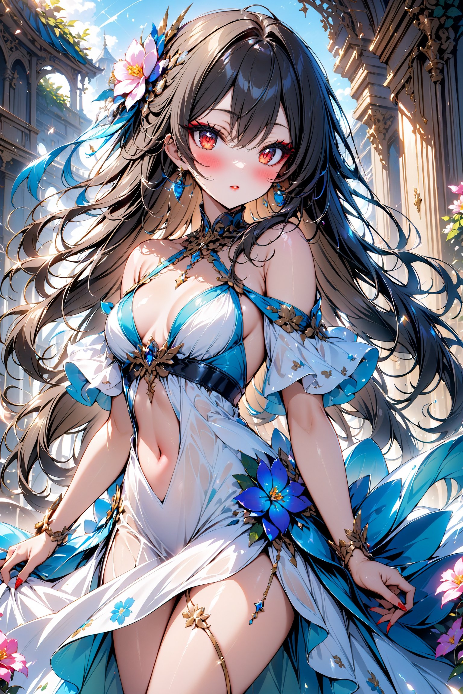 masterpiece, best quality, 1girl, red eyes , long hair, black_hair, red eyeshadow, makeup, thick eyelashes, blush, heavy makeup, glam, red_lipstick, cute, pretty face, heavy eyeliner, more eyeshadow, bright_pupils, Plunging_neckline, dress, sun dress, flowing dress, flower print, sun_dress, titty_buds, flat_chested, off_shoulder, long_dress, exposed_navel, exposed_midriff, bare_midriff, flowing dress, puffy