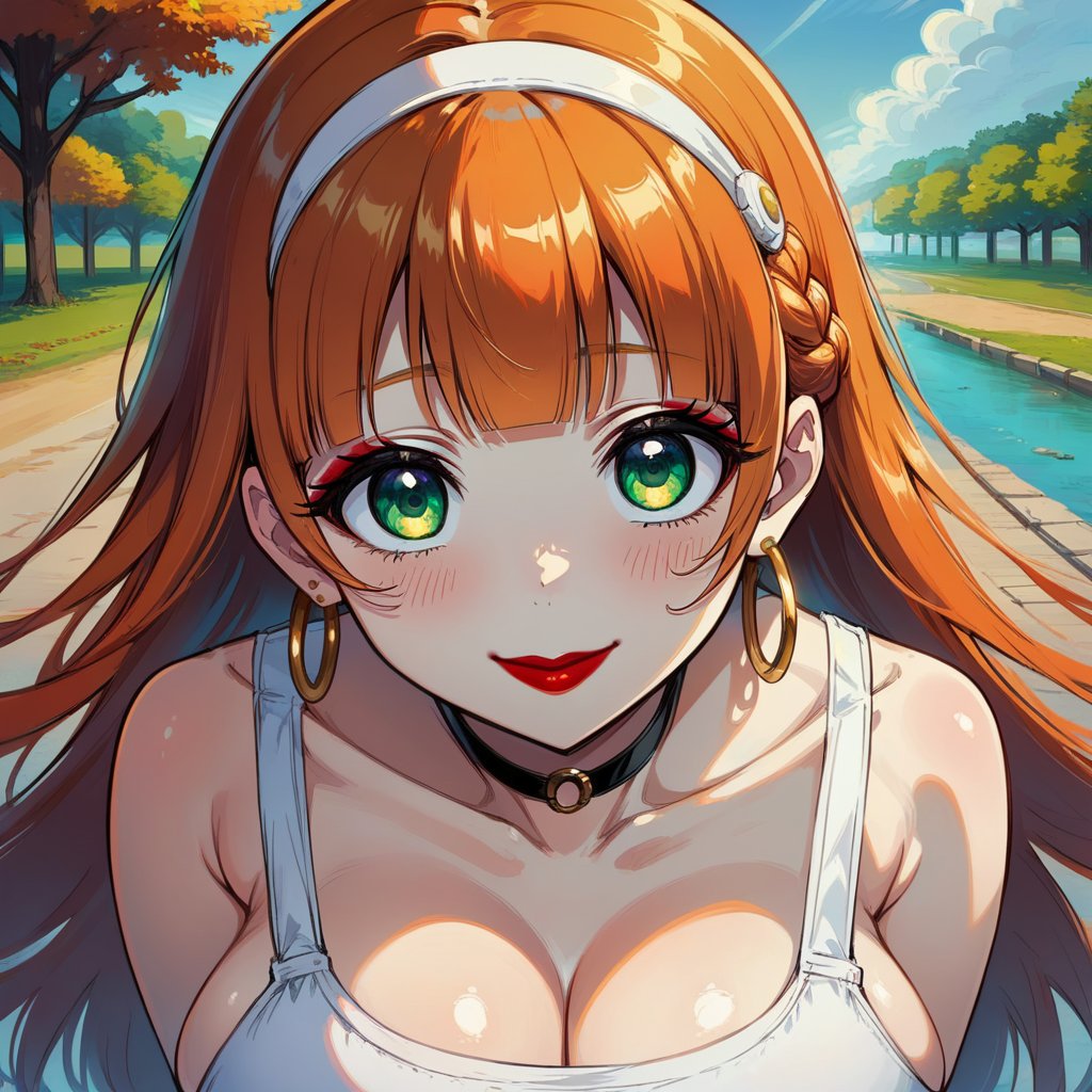 score_9, score_8_up, score_7_up, masterpiece, best quality, highres, 1girl, curvy, anime eyes, large eyes, green eyes, kawaii anime style, very kawaii anime style, super kawaii anime style, super cute anime style, cute anime style, sexy anime style, cute girl, kawaii, cute, kawaii girl, red eyeshadow, eyeshadow, long eyelashes, eyeliner, blush, red lipstick, medium lips,  orange hair, orange_hair, standing, smile, upper_body, face_only, close up, face only, close_up, face, solo girl, solo_girl, 1 girl, so cute, very_cute_girl, hime_cut, hime cut, golden hoop earrings, golden_hoop_earring, red eyeshadow, red_eyeshadow, long eyelashes, long_eyelashes, red_lipstick, red lipstick, age 25, from front, view from front, thick_eyelashes, very_thick_eyelashes, thick eyelashes, straight bangs, straight_bangs, straight_cut_hair, straight cut hair, cat eye shape, cat_eye_shape, braided hair, braided_hair,  black choker, black_choker, sundress, white_sundress, white hairband, white_hairband, hairband, park, sleeveless, very long eyelashes, very_long_eyelashes, eyeliner, thick eyelashes, thick_eyelashes, slanted eyes. slanted_eyes, slanted_eye_shape, slanted eye shape, massive breasts, gigantic breasts, giant breasts, view from above, view_from_above, downblouse, down blouse, down_blouse, leaning forward, leaning_forward, side boobs, side boob, side_boob, side_boobs

