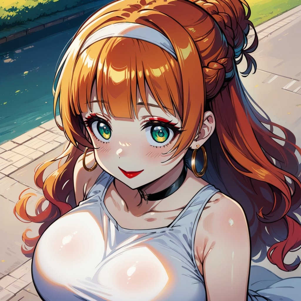 score_9, score_8_up, score_7_up, masterpiece, best quality, highres, 1girl, curvy, anime eyes, large eyes, green eyes, kawaii anime style, very kawaii anime style, super kawaii anime style, super cute anime style, cute anime style, sexy anime style, cute girl, kawaii, cute, kawaii girl, red eyeshadow, eyeshadow, long eyelashes, eyeliner, blush, red lipstick, medium lips,  orange hair, orange_hair, standing, smile, upper_body, face_only, close up, face only, close_up, face, solo girl, solo_girl, 1 girl, so cute, very_cute_girl, hime_cut, hime cut, golden hoop earrings, golden_hoop_earring, red eyeshadow, red_eyeshadow, long eyelashes, long_eyelashes, red_lipstick, red lipstick, age 25, thick_eyelashes, very_thick_eyelashes, thick eyelashes, straight bangs, straight_bangs, straight_cut_hair, straight cut hair, cat eye shape, cat_eye_shape,  black choker, black_choker, sundress, white_sundress, white hairband, white_hairband, hairband, park, sleeveless, very long eyelashes, very_long_eyelashes, eyeliner, thick eyelashes, thick_eyelashes, slanted eyes. slanted_eyes, slanted_eye_shape, slanted eye shape, tight dress, tight_dress, backless dress, backless_dress, backless, updo hair, updo_hair, updo, wavy hair, wavy_hair, view from above, view_from_above, from above, from_above, arched back, arched_back, hair in updo, hair_in_updo, massive breasts, impossible shirt, impossible_clothes, impossible_dress, impossible_clothing, massive breasts, knee up, raised knee, raised_knees, red heels, red_heels