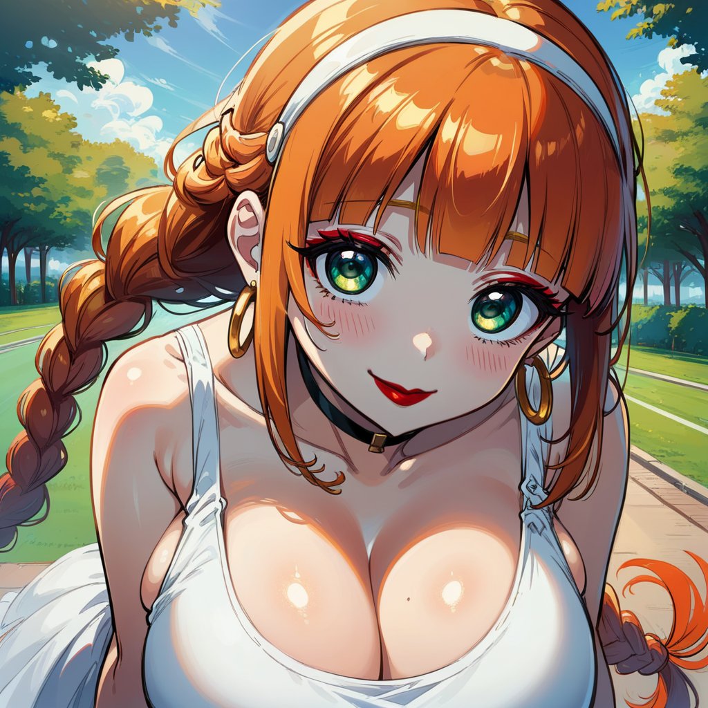 score_9, score_8_up, score_7_up, masterpiece, best quality, highres, 1girl, curvy, anime eyes, large eyes, green eyes, kawaii anime style, very kawaii anime style, super kawaii anime style, super cute anime style, cute anime style, sexy anime style, cute girl, kawaii, cute, kawaii girl, red eyeshadow, eyeshadow, long eyelashes, eyeliner, blush, red lipstick, medium lips,  orange hair, orange_hair, standing, smile, upper_body, face_only, close up, face only, close_up, face, solo girl, solo_girl, 1 girl, so cute, very_cute_girl, hime_cut, hime cut, golden hoop earrings, golden_hoop_earring, red eyeshadow, red_eyeshadow, long eyelashes, long_eyelashes, red_lipstick, red lipstick, age 25, from front, view from front, thick_eyelashes, very_thick_eyelashes, thick eyelashes, straight bangs, straight_bangs, straight_cut_hair, straight cut hair, cat eye shape, cat_eye_shape, braided ponytail, ponytail, braided_ponytail,  black choker, black_choker, sundress, white_sundress, white hairband, white_hairband, hairband, park, sleeveless, very long eyelashes, very_long_eyelashes, eyeliner, thick eyelashes, thick_eyelashes, slanted eyes. slanted_eyes, slanted_eye_shape, slanted eye shape, massive breasts, gigantic breasts, giant breasts, view from above, view_from_above, downblouse, down blouse, down_blouse, leaning forward, lwaninf_forward