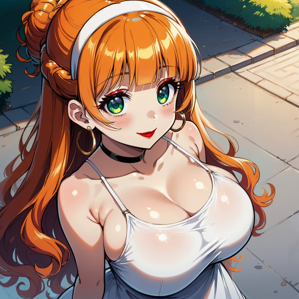 score_9, score_8_up, score_7_up, masterpiece, best quality, highres, 1girl, curvy, anime eyes, large eyes, green eyes, kawaii anime style, very kawaii anime style, super kawaii anime style, super cute anime style, cute anime style, sexy anime style, cute girl, kawaii, cute, kawaii girl, red eyeshadow, eyeshadow, long eyelashes, eyeliner, blush, red lipstick, medium lips,  orange hair, orange_hair, standing, smile, upper_body, face_only, close up, face only, close_up, face, solo girl, solo_girl, 1 girl, so cute, very_cute_girl, hime_cut, hime cut, golden hoop earrings, golden_hoop_earring, red eyeshadow, red_eyeshadow, long eyelashes, long_eyelashes, red_lipstick, red lipstick, age 25, thick_eyelashes, very_thick_eyelashes, thick eyelashes, straight bangs, straight_bangs, straight_cut_hair, straight cut hair, cat eye shape, cat_eye_shape,  black choker, black_choker, sundress, white_sundress, white hairband, white_hairband, hairband, park, sleeveless, very long eyelashes, very_long_eyelashes, eyeliner, thick eyelashes, thick_eyelashes, slanted eyes. slanted_eyes, slanted_eye_shape, slanted eye shape, tight dress, tight_dress, backless dress, backless_dress, backless, updo hair, updo_hair, updo, wavy hair, wavy_hair, view from above, view_from_above, from above, from_above, arched back, arched_back, hair in updo, hair_in_updo, massive breasts, impossible shirt, impossible_clothes, impossible_dress, impossible_clothing, massive breasts