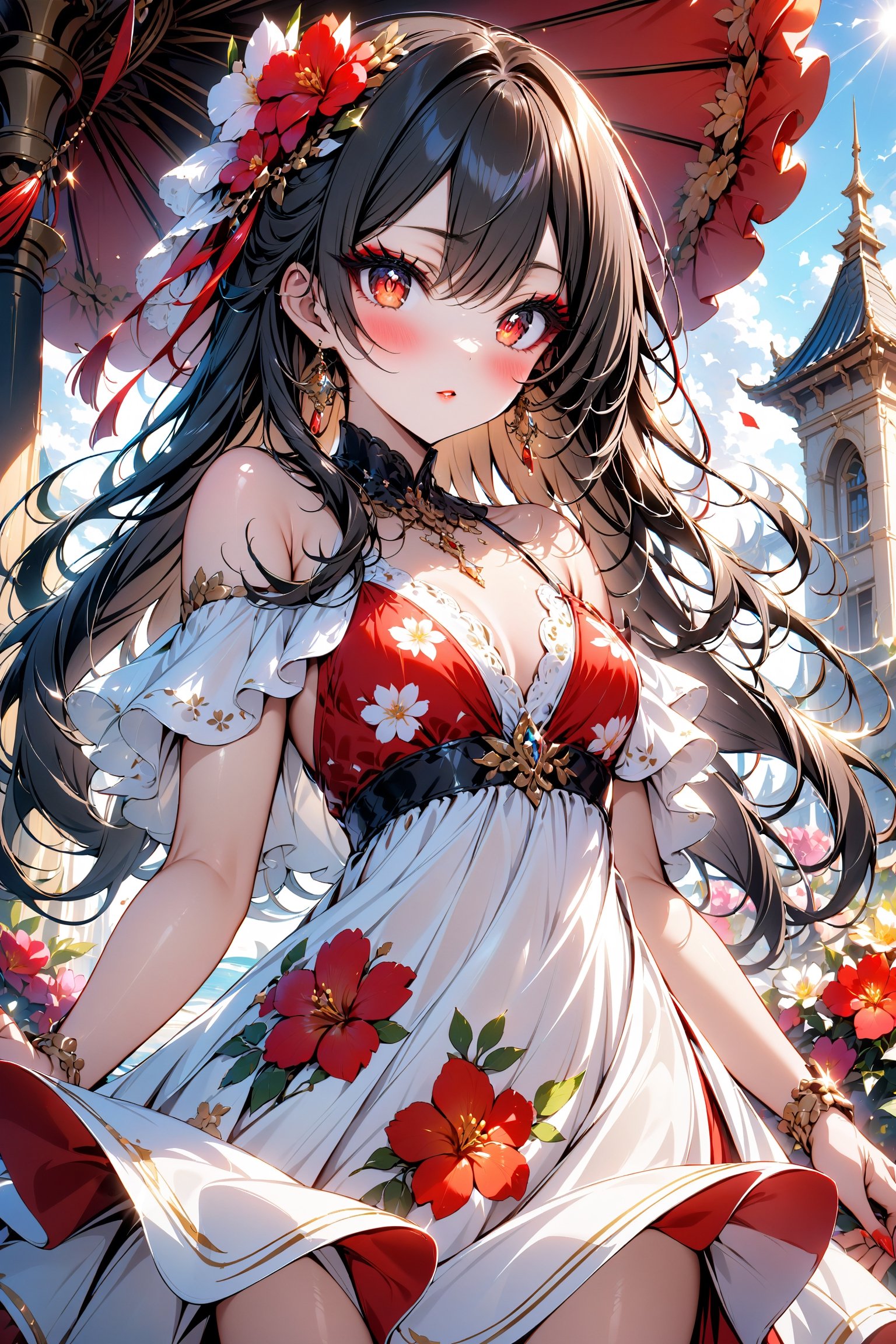 masterpiece, best quality, 1girl, red eyes , long hair, black_hair, red eyeshadow, makeup, thick eyelashes, blush, heavy makeup, glam, red_lipstick, cute, pretty face, heavy eyeliner, more eyeshadow, bright_pupils, Plunging_neckline, dress, sun dress, flowing dress, flower print, sun_dress, titty_buds, flat_chested, off_shoulder, long_dress