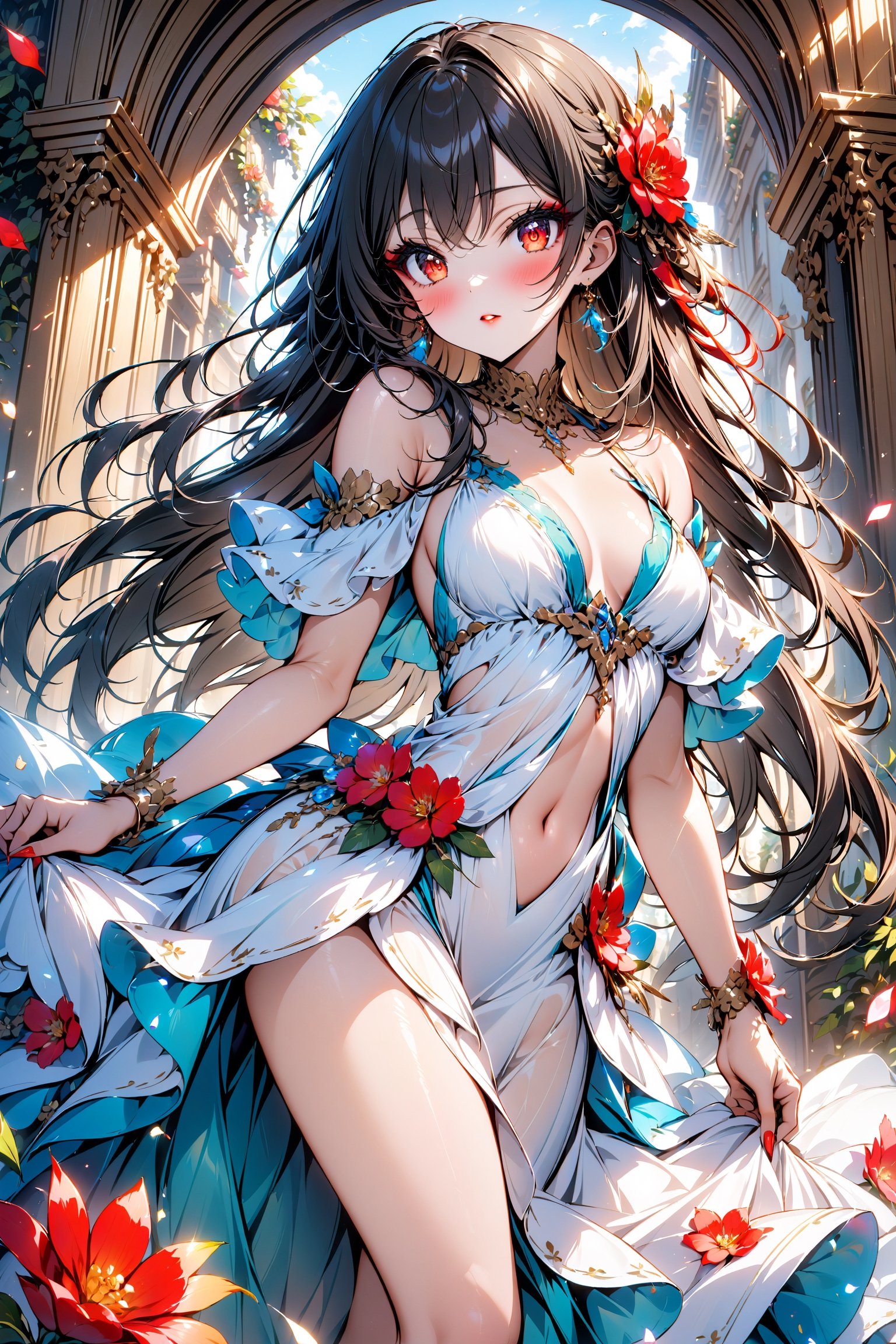 masterpiece, best quality, 1girl, red eyes , long hair, black_hair, red eyeshadow, makeup, thick eyelashes, blush, heavy makeup, glam, red_lipstick, cute, pretty face, heavy eyeliner, more eyeshadow, bright_pupils, Plunging_neckline, dress, sun dress, flowing dress, flower print, sun_dress, titty_buds, flat_chested, off_shoulder, long_dress, exposed_navel, exposed_midriff, bare_midriff, flowing dress, puffy