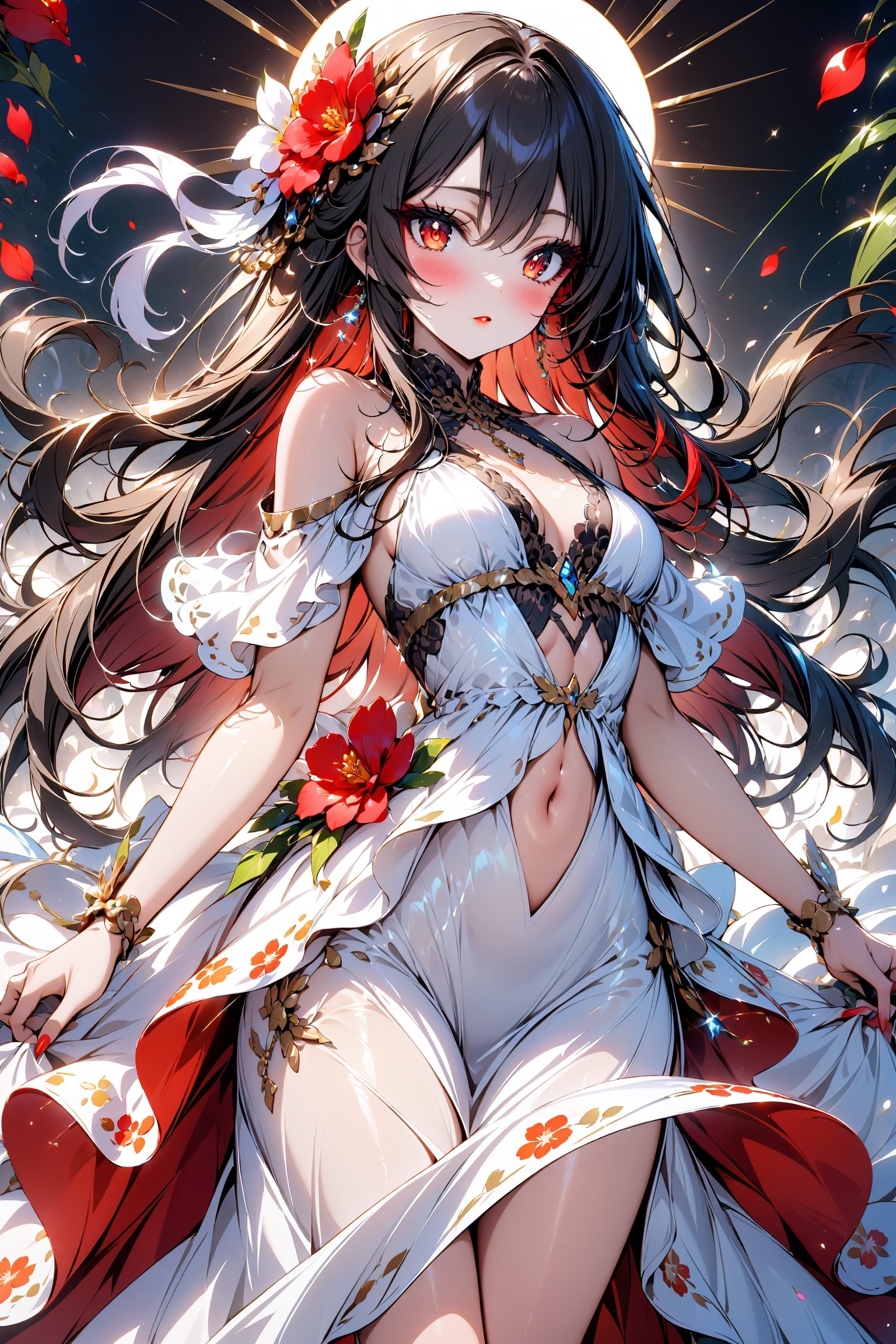 masterpiece, best quality, 1girl, red eyes , long hair, black_hair, red eyeshadow, makeup, thick eyelashes, blush, heavy makeup, glam, red_lipstick, cute, pretty face, heavy eyeliner, more eyeshadow, bright_pupils, Plunging_neckline, dress, sun dress, flowing dress, flower print, sun_dress, titty_buds, flat_chested, off_shoulder, long_dress, exposed_navel, exposed_midriff, bare_midriff, flowing dress, puffy