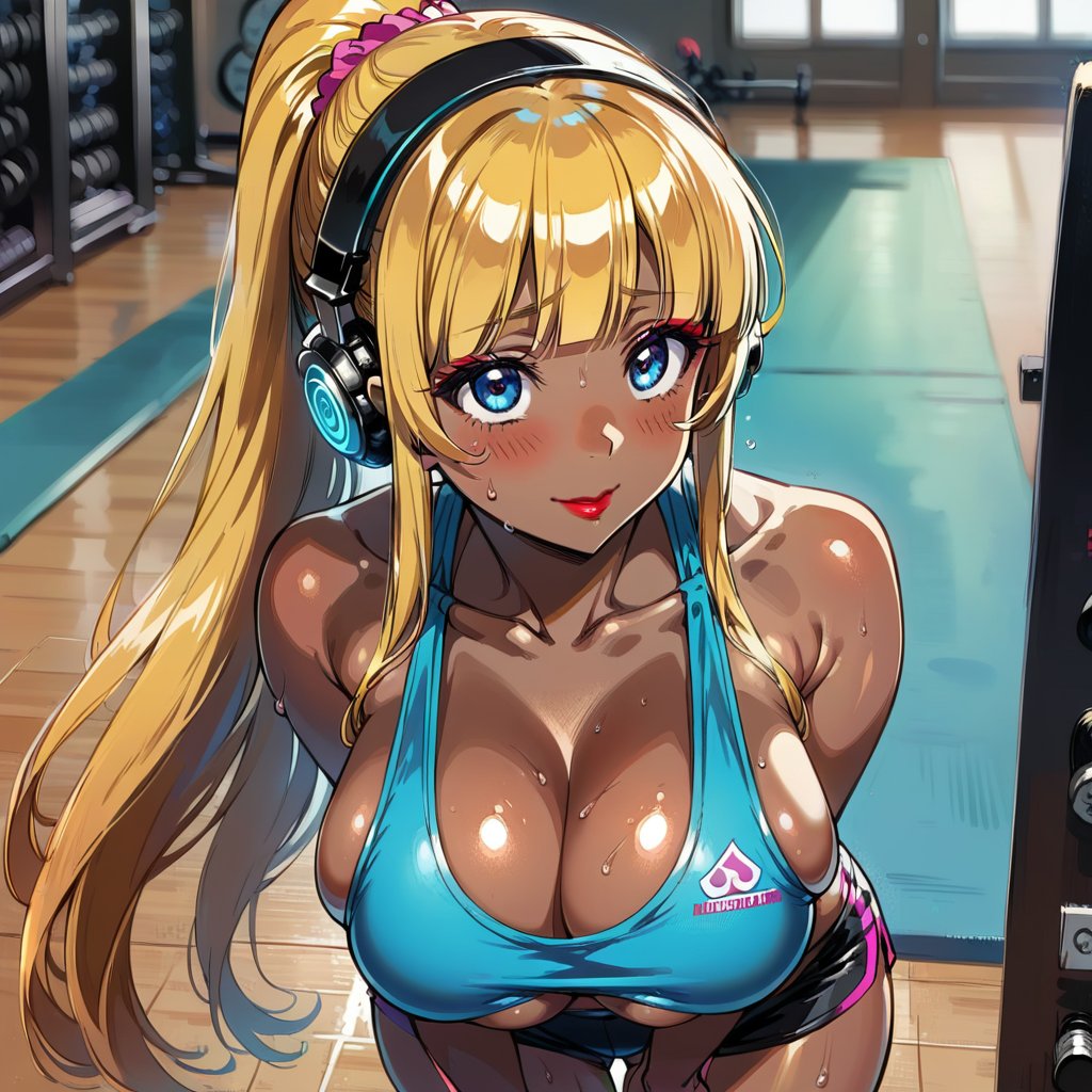 score_9, score_8_up, score_7_up, masterpiece, best quality, highres, 1girl, curvy, anime eyes, large eyes, neon blue eyes, neon_blue_eyes, kawaii anime style, very kawaii anime style, super kawaii anime style, super cute anime style, cute anime style, sexy anime style, cute girl, kawaii, cute, kawaii girl, red eyeshadow, eyeshadow, long eyelashes, eyeliner, blush, red lipstick, medium lips, full lip, full_lips, smile, upper_body, face_only, close up, face only, close_up, face, solo girl, solo_girl, 1 girl, so cute, very_cute_girl, hime_cut, hime cut, red eyeshadow, red_eyeshadow, long eyelashes, long_eyelashes, red_lipstick, red lipstick, age 25, cat_shaped_eyes, fox_shaped_eyes, thick_eyelashes, very_thick_eyelashes, thick eyelashes, blonde hair, blonde_hair, bright blonde hair, bright_blonde_hair, gym,, weight_room, treadmills, treadmill, headphones over ears, black headphones over ears, black headphones, headphones_over_ears, brown_girl, brown skin, brown_skin, brown skinned, dark skin, dark_skinned, brown_skinned, blue sports bra, blue_sports_bra, small sports bra, tight sports bra, tight_sports_bra, extremely tight sports bra, midriff, exposed midriff, exposed_midriff, large ponytail, large_ponytail, long ponytail, long_ponytail, massive breasts, black shorts, side boobs, side_boobs, side_boob, side boob, curvy hips, curvy_hips, wide_hips, wide hips, thick thighs, thigh_thighs, toned body, toned_body, abs, view from above, from_above, from above, view_from_above, standing, sweating, girl sweating, girl_sweating, yoga, yoga posing, yoga_posing, areal view, areal_view, girl looking up, from_side, blush, blushing, girl blushing, red blush, pink blush, underboob, under boob, leaning forward, leaning_forward, cleavage, deep cleavage, deep_cleavage 