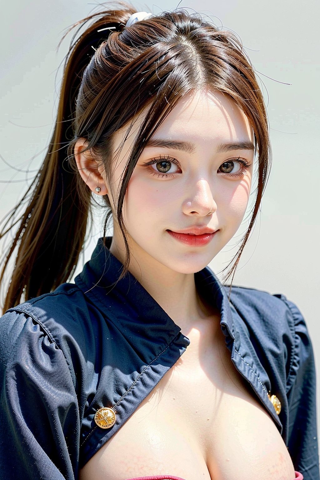 bright expression, half-up, young and glossy white skin, great looks, natural brown hair with dazzling highlights, ponytail , sparkling crystal clear charm Big brown eyes, very beautiful and lovely cute 18 year old girl, brown eyes,upper body,kimono,see-through,looking at viewer,nipples,