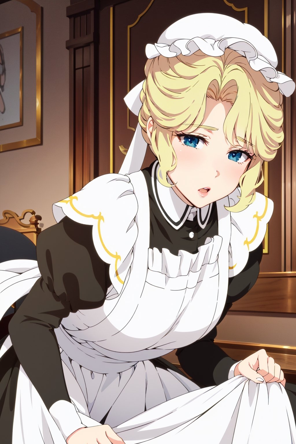 Beautiful, beautiful, high quality, highly detailed, pose details, anime, physical detail, eyes open, blushing, clothing, maid, place, house, María victorian maid, María victorian maid from Maria no houshi,