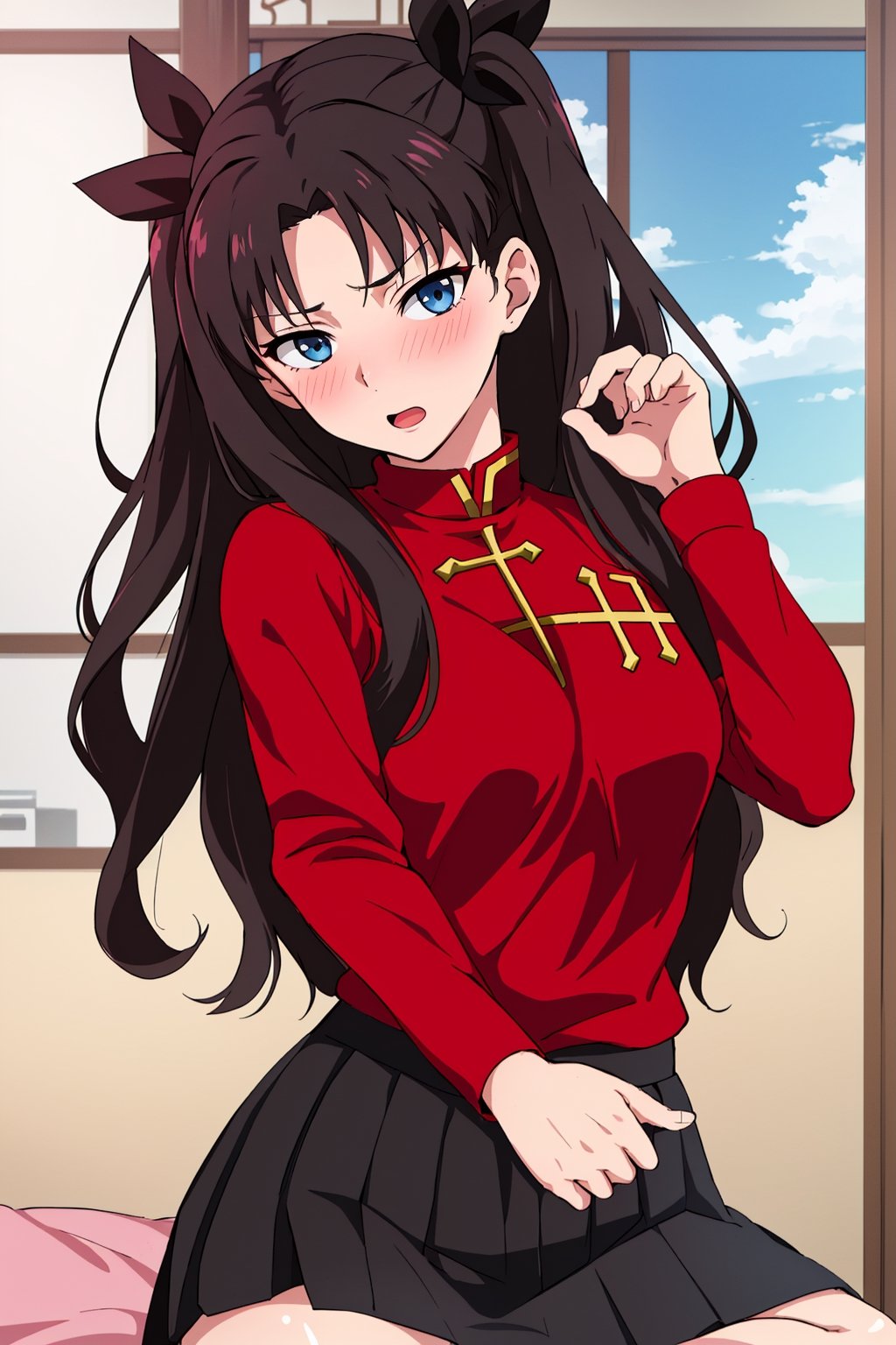 Beautiful, beautiful, high quality, highly detailed, pose details, anime, physical detail, eyes open, blushing, clothing, red shirt, black skirt, long hair, place, city, rin tohsaka,blue eyes,((Rin R-18))