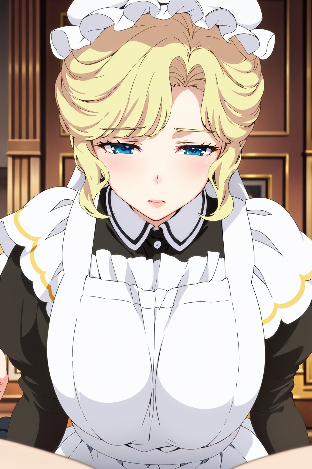 Beautiful, beautiful, high quality, highly detailed, pose details, anime, physical detail, eyes open, blushing, clothing, maid, place, house, María victorian maid, María victorian maid from Maria no houshi,