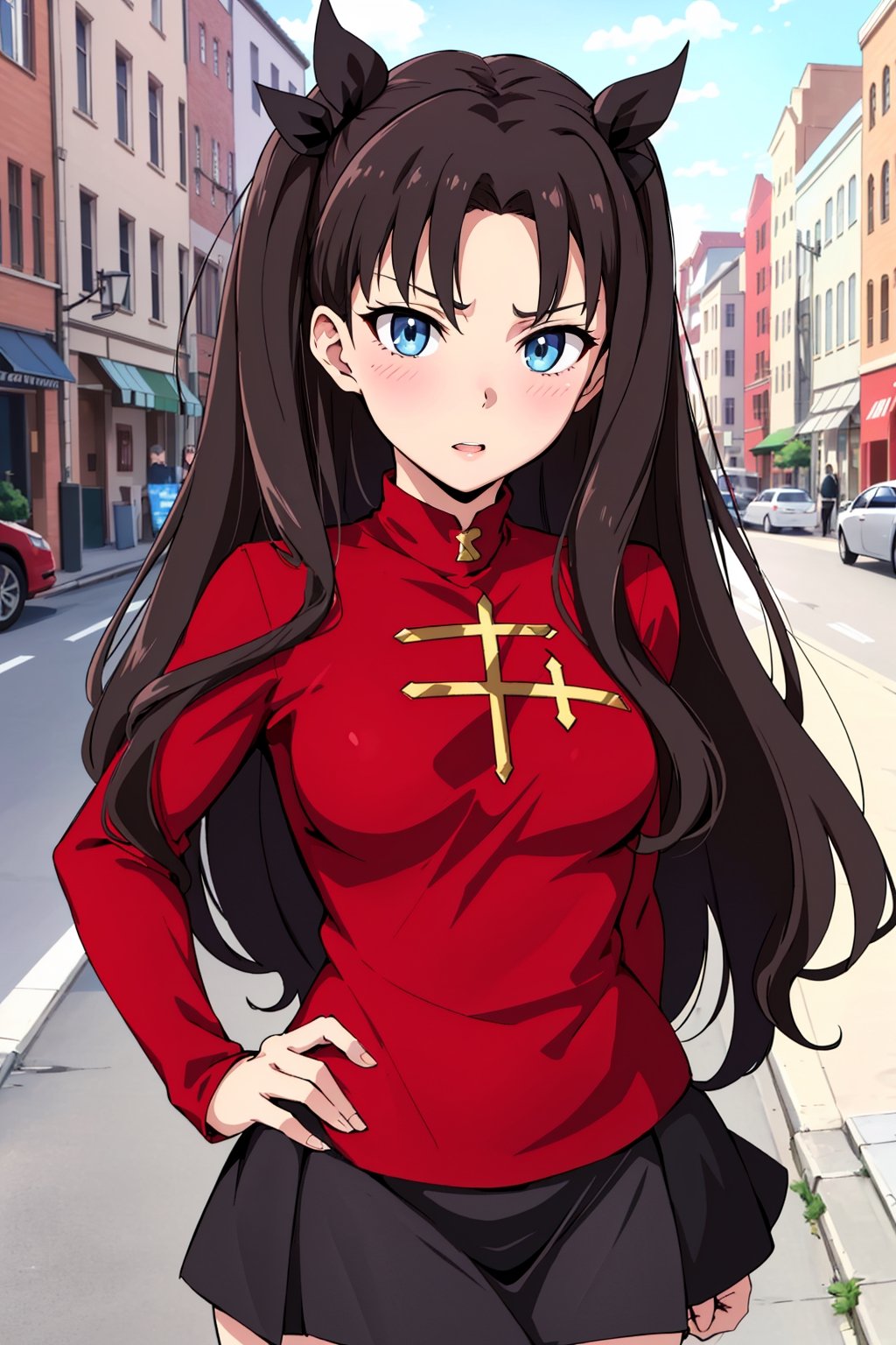 Beautiful, beautiful, high quality, highly detailed, pose details, anime, physical detail, eyes open, blushing, clothing, red shirt, black skirt, long hair, place, city, rin tohsaka,blue eyes