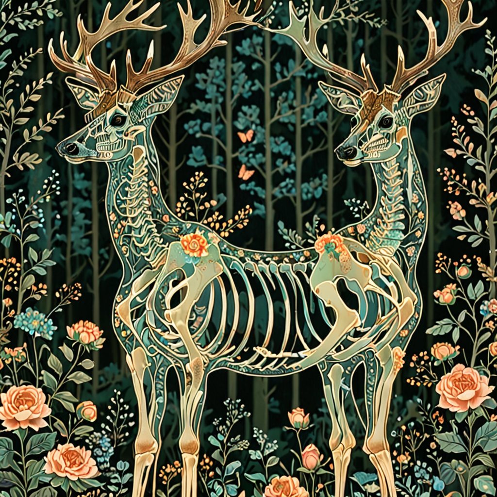 A majestic deer with intricate blue floral patterns adorning its skeletal structure. The deer stands amidst a serene forest backdrop, surrounded by various trees, flowers, and butterflies. The color palette is dominated by soft pastels, with the deer's skeleton being the most prominent feature, contrasting beautifully with the floral elements.