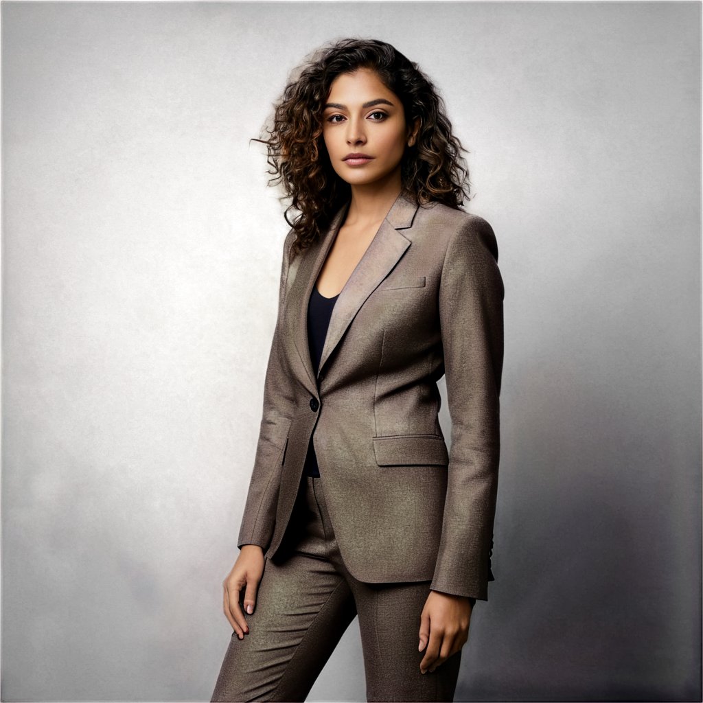 photograph by Annie Leibovitz, image of a indian woman, petite height, athletic build, fair skin, dark brown colured eyes, almond-shaped eyes, straight or slightly upturned nose, brown curly hair, full lips, in a flower modern styled suit and poses for a future fashion business show, she stands on empty greenery covered floor, clean background, head turned slightly to one side, staring at the viewer, dark, energetic, surreal, futurism, figurative and abstract forms highly impact perspective