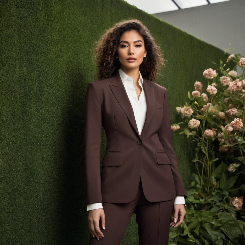 photograph by Annie Leibovitz, image of a indian woman, petite height, athletic build, fair skin, dark brown colured eyes, almond-shaped eyes, straight or slightly upturned nose, brown curly hair, full lips, in a flower modern styled suit and poses for a future fashion business show, she stands on empty greenery covered floor, clean background, head turned slightly to one side, staring at the viewer, dark, energetic, surreal, futurism, figurative and abstract forms highly impact perspective