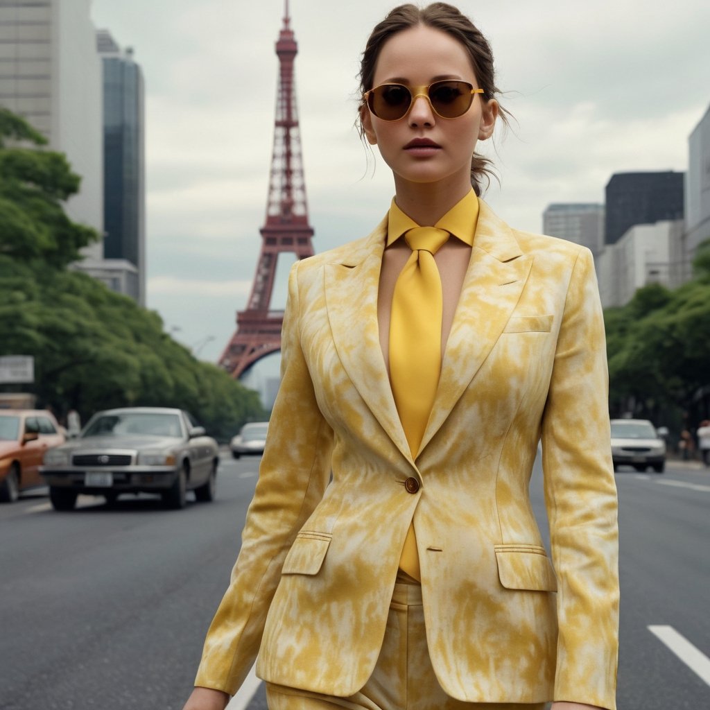 photograph by Annie Leibovitz, face of Jennifer Lawrence, dark eyes, brunette hair pulled back, full lips, MELLOW YELLOW TIE DYE GEORGETTE tradition womens indian Suit Set and sunglasses poses for a future fashion show, she stands on empty Road with Tokyo tower behind her, clean background, staring at the viewer, light, professionalism, surreal, futurism, figurative and abstract forms highly impact perspective hyper detailed:1.5, masterpiece, 8 K, photorealistic, (realistic face:1.5), (beautiful thin face:1.3), realistic skin