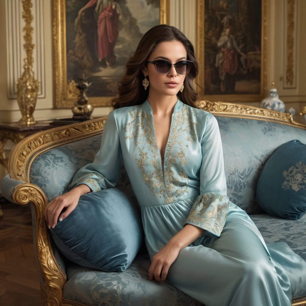 In this captivating scene, a statuesque beauty, standing at 5'4-5'6 with a slender yet athletic build, sits regally on the grand sofas of Schönbrunn Palace's opulent interior. Her gaze directly addresses the viewer as she wears a vibrant sky blue MELODY PRINTED CHINON kurti with pyjama dress and sleek sunglasses. The warm glow from the subtle lighting accentuates her oval-faced visage, defined by high cheekbones and a pointed chin, beneath fair to medium skin with golden undertones. Thick, dark brown locks cascade down her back as she sits majestically, surrounded by plush furnishings and ornate decorations. Every detail, from the sparkle in her almond-shaped eyes to the intricate folds of her dress, is meticulously rendered, inviting the viewer to step into this photorealistic world.