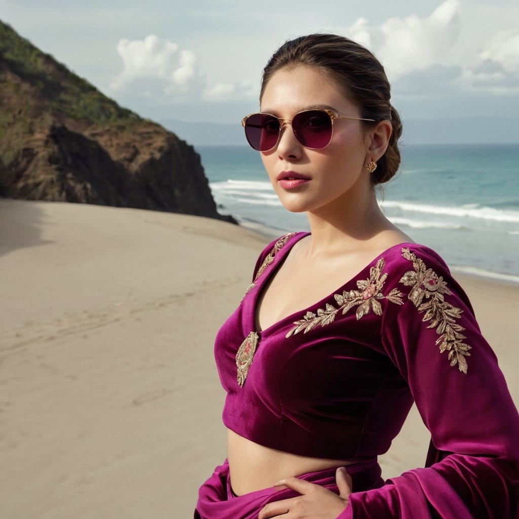photograph by Annie Leibovitz, face of Elizabeth Olsen, dark eyes, brunette hair pulled back, full lips, Magenta Pink Readymade Lehenga embellished with Zariwork embroidery in Velvet fabric Accompanied with an Readymade blouse and dupatta and sunglasses poses for a future fashion show, she stands on empty beach with pristine mountane staircases behind her, clean background, staring at the viewer, light, professionalism, surreal, futurism, figurative and abstract forms highly impact perspective hyper detailed:1.5, masterpiece, 8 K, photorealistic, (realistic face:1.5), realistic skin
