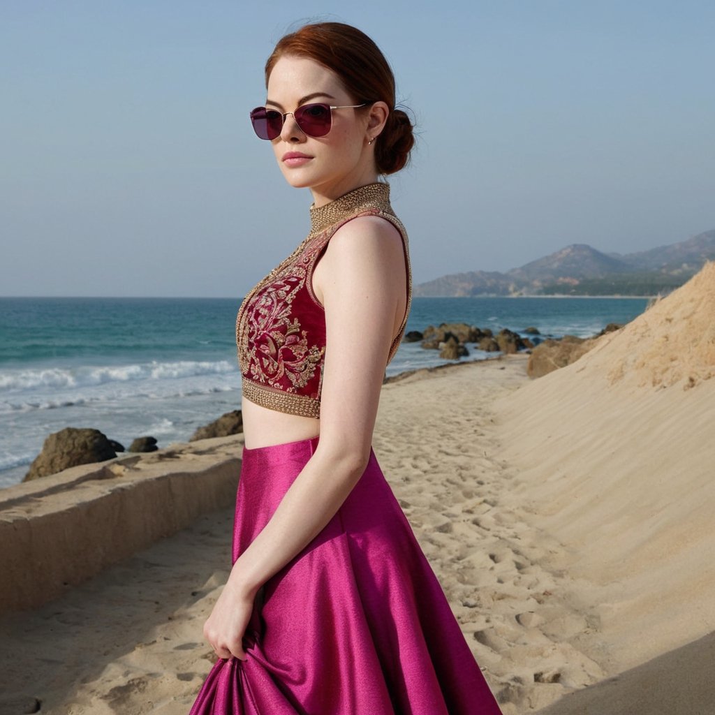 photograph by Annie Leibovitz, face of Emma Stone, dark eyes, brunette hair pulled back, full lips, Magenta Pink Readymade Lehenga embellished with Zariwork embroidery in Velvet fabric Accompanied with an Readymade blouse and dupatta and sunglasses poses for a future fashion show, she stands on empty beach with pristine mountane staircases behind her, clean background, staring at the viewer, light, professionalism, surreal, futurism, figurative and abstract forms highly impact perspective hyper detailed:1.5, masterpiece, 8 K, photorealistic, (Emma Stone realistic face:1.5), realistic skin