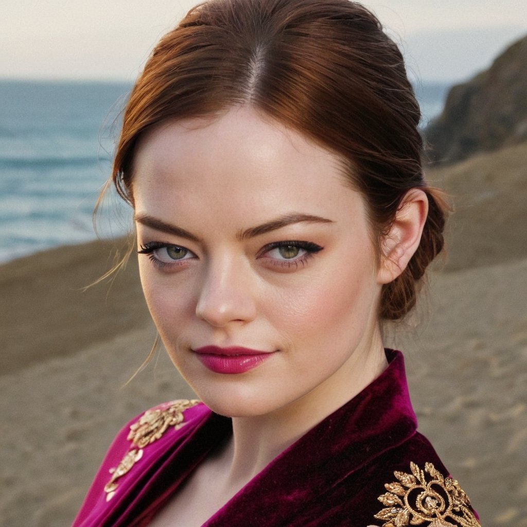 photograph by Annie Leibovitz, face of Emma Stone, dark eyes, brunette hair pulled back, full lips, Magenta Pink Readymade Lehenga embellished with Zariwork embroidery in Velvet fabric Accompanied with an Readymade blouse and dupatta and sunglasses poses for a future fashion show, she stands on empty beach with pristine mountane staircases behind her, clean background, staring at the viewer, light, professionalism, surreal, futurism, figurative and abstract forms highly impact perspective hyper detailed:1.5, masterpiece, 8 K, photorealistic, (Emma Stone realistic face:1.5), realistic skin