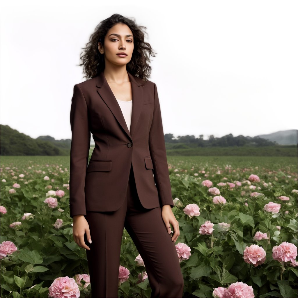 photograph by Annie Leibovitz, image of a indian woman, petite height, athletic build, fair skin, dark brown colured eyes, almond-shaped eyes, straight or slightly upturned nose, brown curly hair, full lips, in a flower modern styled suit and poses for a future fashion business show, she stands on empty greenery covered floor, clean background, head turned slightly to one side, staring at the viewer, dark, energetic, surreal, futurism, figurative and abstract forms highly impact perspective