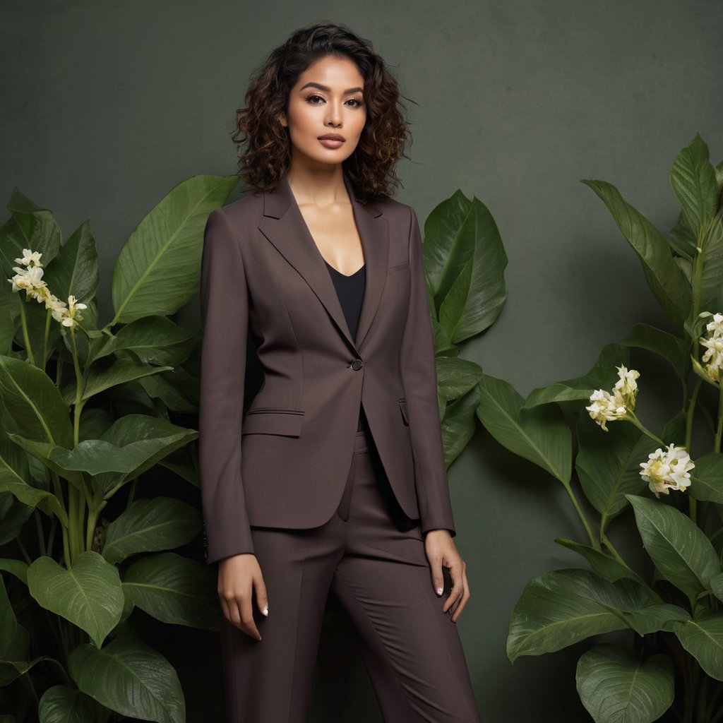 photograph by Annie Leibovitz, image of a indian woman, petite height, athletic build, fair skin, dark brown colured eyes, almond-shaped eyes, straight or slightly upturned nose, brown curly hair, full lips, in a flower modern styled suit and poses for a future fashion business show, she stands on empty greenery covered floor, clean background, head turned slightly to one side, staring at the viewer, dark, energetic, surreal, futurism, figurative and abstract forms highly impact perspective