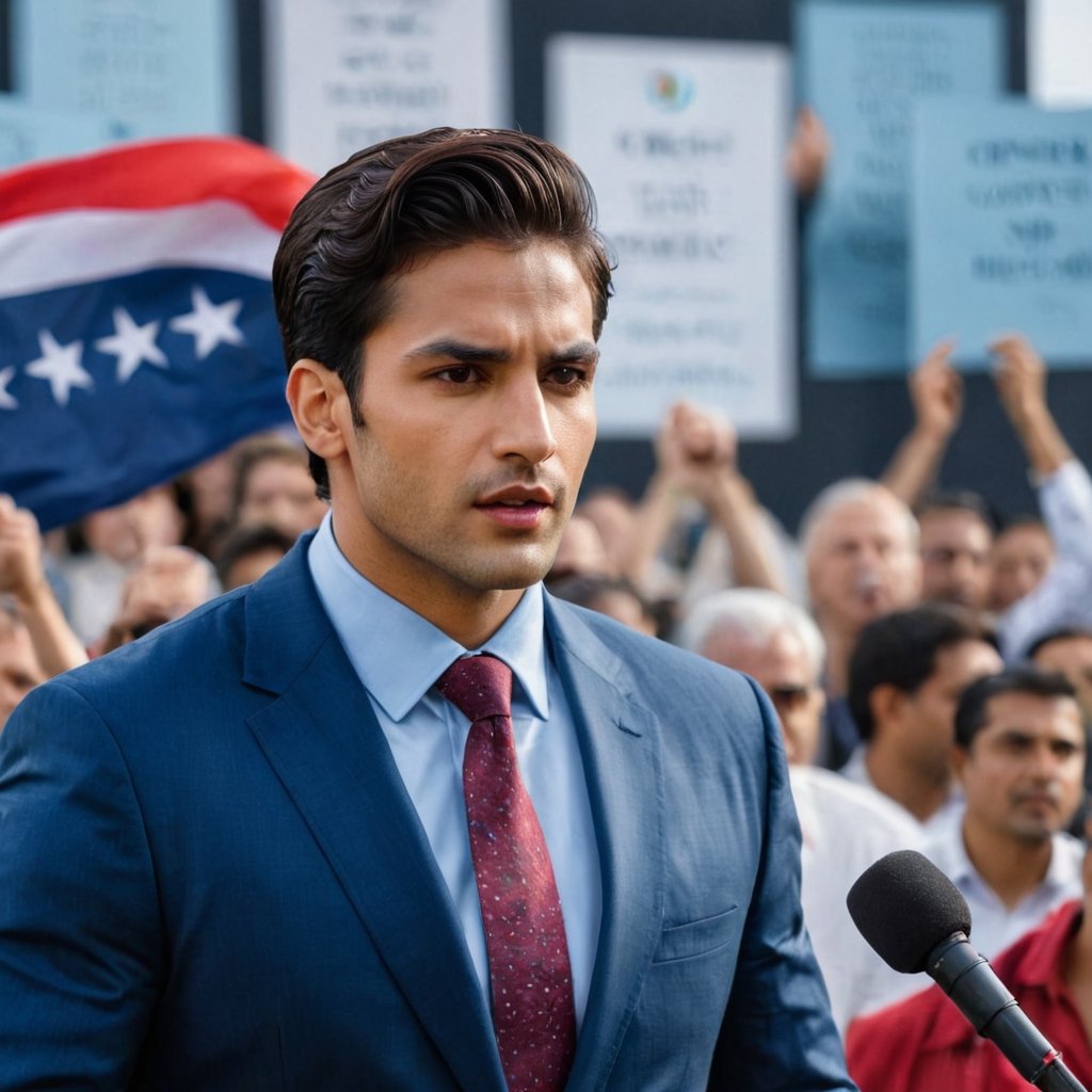 Imagine the following scene:

on a large stage with a podium in the center. A beautiful man speaks into a microphone.

The man is behind the podium, speaking into a microphone, he is a politician in a presidential campaign.

The man is indian, 25yo, with dark brown hair in his hair, muscular, brown eyes, big eyes, long eyelashes, full and red lips.

He wears a navy blue suit, black dress shoes. sky blue tie

His hands are raised, the audience speaks with emotion.

The shot is wide, to capture the details of the scene. best quality, 8K, high resolution, masterpiece, HD, perfect proportions, perfect hands.