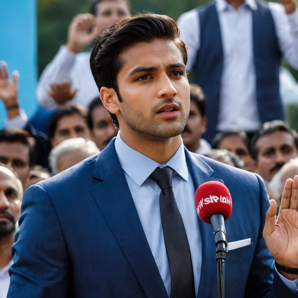 Imagine the following scene:
on a large stage with a podium in the center. A beautiful man speaks into a microphone.
The man is behind the podium, speaking into a microphone, he is a politician in a indian election campaign.
The man is indian, 25yo, with dark brown hair in his hair, muscular, brown eyes, big eyes, long eyelashes, full and red lips.
He wears a navy blue suit, black dress shoes. sky blue tie
His hands are raised, the audience speaks with emotion.
The shot is wide, to capture the details of the scene. best quality, 8K, high resolution, masterpiece, HD, perfect proportions,