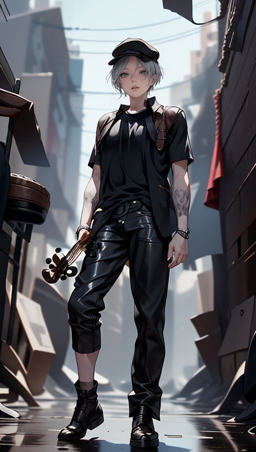 “he has black short boy hair with a hint of almond-shaped black eyes.,he’s a little boy with bangs on both sides, dressed in a black loose T-shirt, a plaid throuses and a black hiphop peaked cap,he is playing violin,black eyes,close mouth。”,DMC5Dante