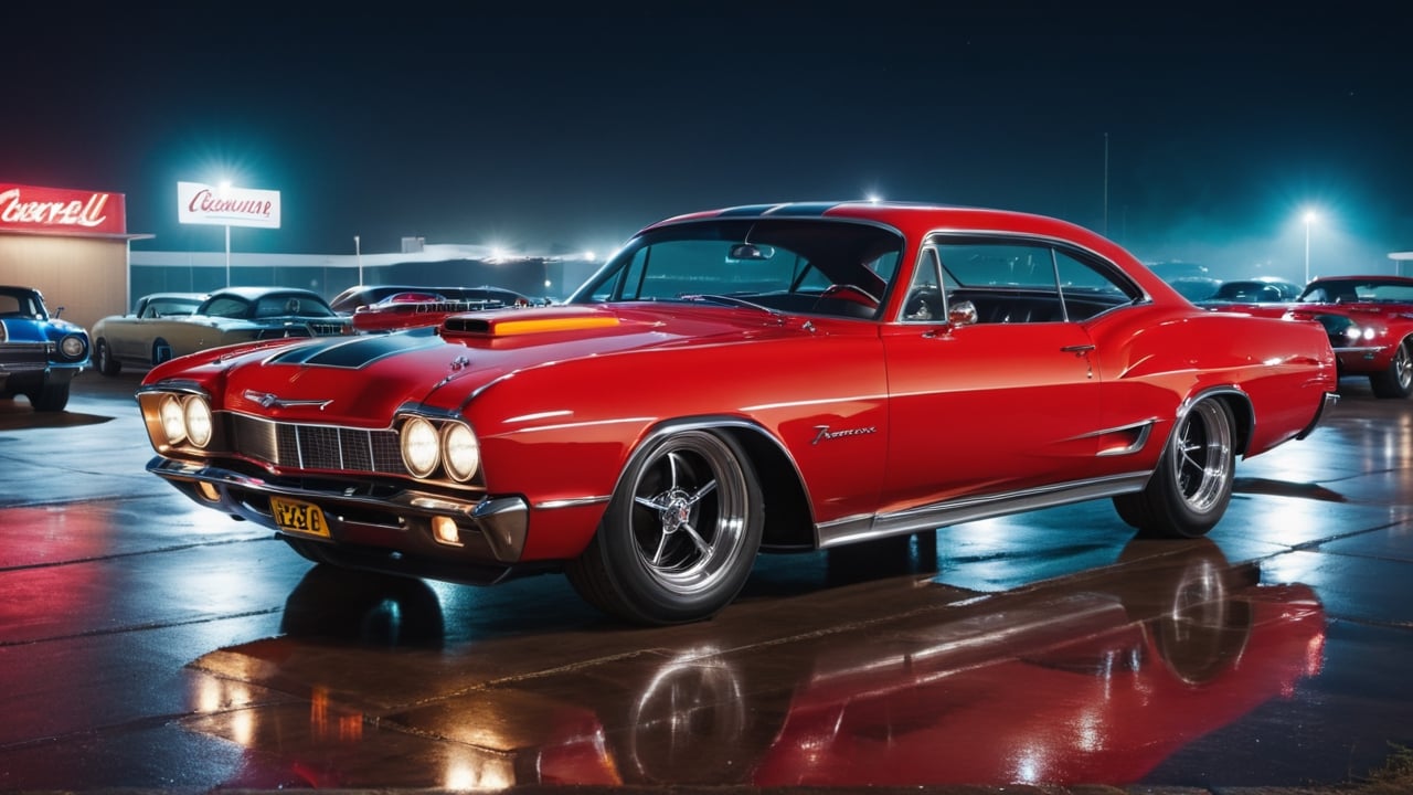 outdoors, no humans, night, ground vehicle, motor vehicle, reflection, car, muscle car, 1950s theme muscle car, vehicle focus, sports car, high quality, bright color, red car, cyperpunk, cyborg, high resolution, more detail XL