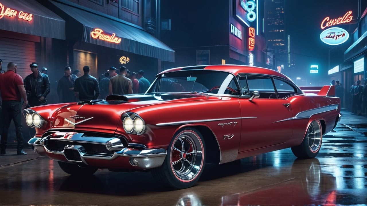 outdoors, no humans, night, ground vehicle, motor vehicle, reflection, car, muscle car, 1950s theme muscle car, vehicle focus, sports car, high quality, bright color, red car, cyperpunk, cyborg, high resolution, high quality, Cyberpunk, cyber car, Cybernetics, Futurism,cyberpunk style