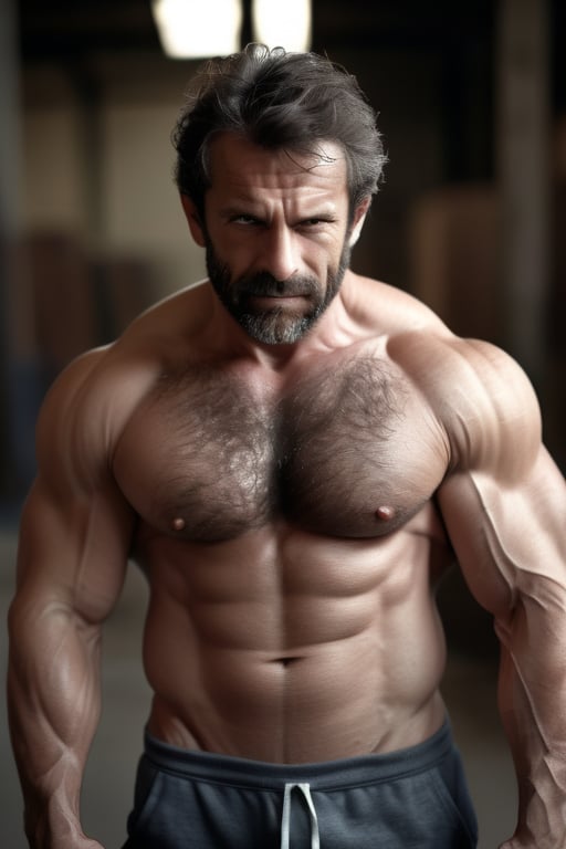 photo of a mature man, 42 years old, 1fit man, wearing sleeveless hoodie, massive arms, big muscles, muscular, big pectorals, (hairy:1.6), shorts, in an abandoned warehouse, realistic, highly detailed, intricate details, detailed background, depth of field, (dynamic pose, dynamic angle), (analog photo:1.4), (subsurface scattering, filmic, chiaroscuro, soft light, vibrant colors:1.2), (selective focus, European film, movie still, film grain:1.2), (((very hairy chest))) 