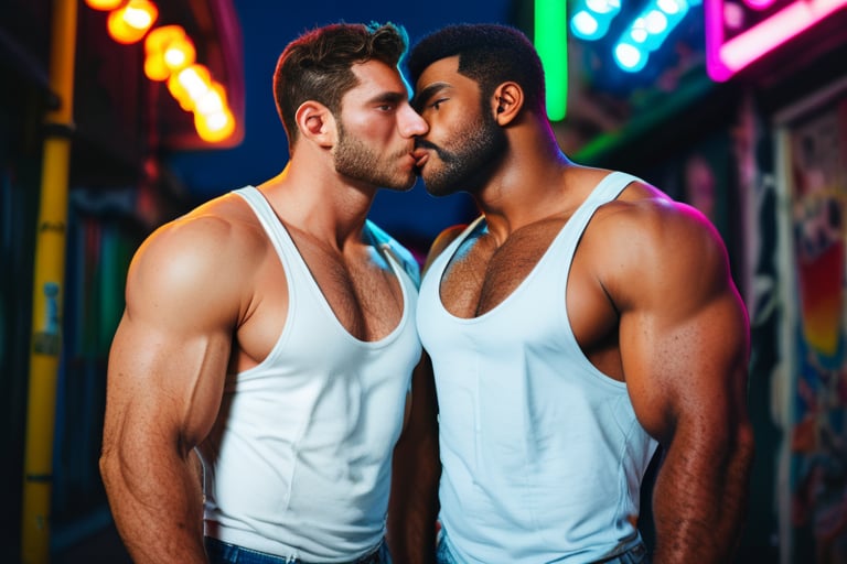 score_9, score_8_up, score_7_up, score_6_up,  (2men), rating_explicit, bara, portrait of a muscular fit male couple, interracial couple, male couple, hairy-chested, hairy arms, hairy body, hairy legs, masculine, fit daddies, wearing a white tank top, denim shorts, looking at viewer, with a rainbow flag, on a pride parade, neon lights, night time, male focus, male only, kissing passionately 