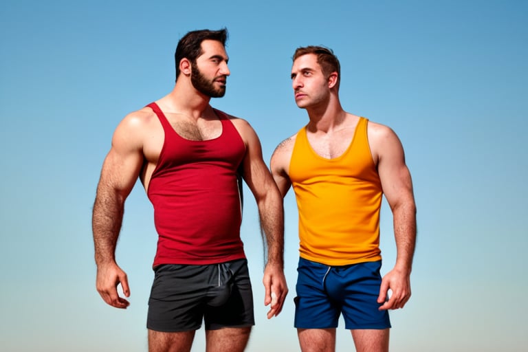 Score_9_up, score_8_up, score_7_up, two handsome hairy chested fit farmers,in a Tuscany field, (one is looking to the other one big bulge) , hairy-chested, hairy arms, hairy body, hairy legs, , masculine, tanktop, shorts, alpha man, dominator, variable pose, very high quality photoshoot, realistic, highly detailed skin, highly detailed hair