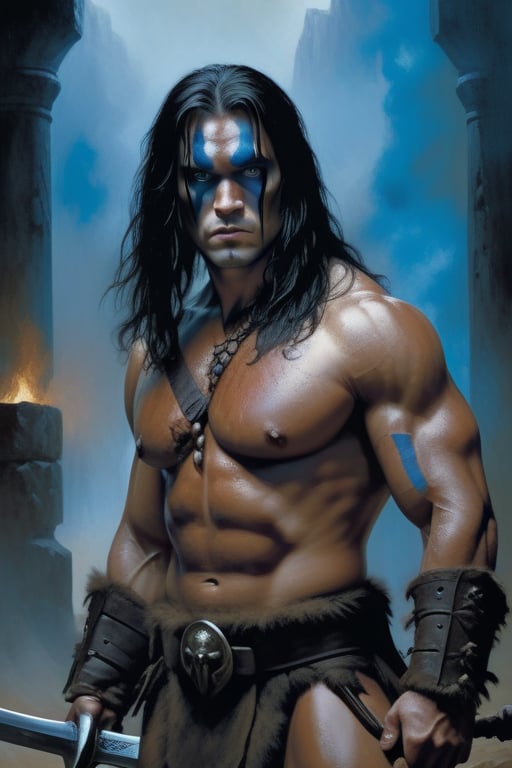 Conan the Barbarian, black long hair, dirt skin, blue eyes, black battle makeup, (dark mood masterpiece Oil on canvas by Gerald Brom),high quality, 8K Ultra HD, full depth of field and realistic textures, colorful, atmospheric haze, highly detailed, moody, epic, color graded, atmospheric lighting, imperfections, natural