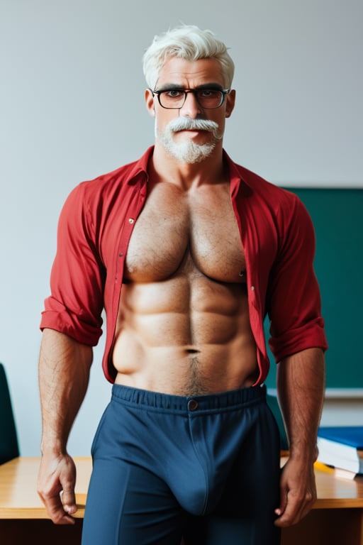 score_9, score_8_up, score_7_up, score_6_up, male focus, bara, close up portrait of a hairy chested fit muscular fit 50 yo daddy, white hair, white beard, white moustache, unbuttoned shirt, Very tight trousers, teacher, glasses, hairy body, hairy chested, hairy arms, masculine, perfect eyes, male focus, male only, sitted on his desk, huge bulge, sexy, hot, handsome, lustful, erotic, 
