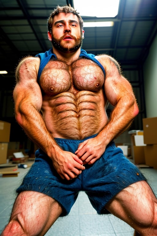 photo of a mature man, 42 years old, 1man, wearing sleeveless hoodie, massive arms, big muscles, muscular, big pectorals, (hairy:1.6), shorts, in an abandoned warehouse, realistic, highly detailed, intricate details, detailed background, depth of field, (dynamic pose, dynamic angle), (analog photo:1.4), (subsurface scattering, filmic, chiaroscuro, soft light, vibrant colors:1.2), (selective focus, European film, movie still, film grain:1.2)