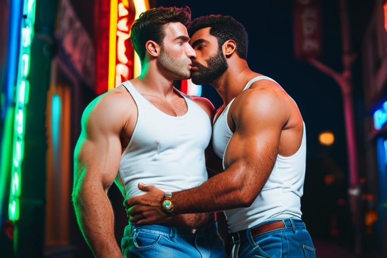 score_9, score_8_up, score_7_up, score_6_up,  (2men), rating_explicit, bara, portrait of a muscular fit male couple, interracial couple, male couple, hairy-chested, hairy arms, hairy body, hairy legs, masculine, fit daddies, wearing a white tank top, denim shorts, looking at viewer, with a rainbow flag, on a pride parade, neon lights, night time, male focus, male only, kissing passionately 