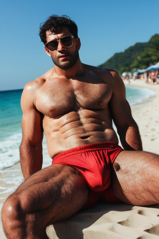 Score_9_up, score_8_up, score_7_up, (1man), black man, black skin very hairy-chested, hairy arms, hairy bodies, hairy legs, masculine, lifeguard, on a crowded beach, sunglasses, muscled, sexy, sitting on a surveillance rower, big bulge, in swimsuit, masterpiece, best quality, hyperrealistic, high quality photoshoot, highly detailed face, highly detailed eyes, touching his bulge 