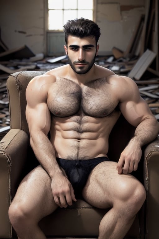 A handsome hairy chested fit Syrian man in a abandoned place, Sitted on An armchair, hairy-chested, hairy arms, hairy body, hairy legs, masculine, wearing briefs