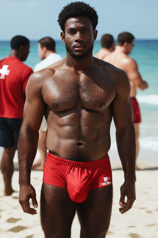 Score_9_up, score_8_up, score_7_up, (1man), black African man, (black skin) very hairy-chested, hairy arms, hairy bodies, hairy legs, masculine, lifeguard, on a crowded beach, muscled, sexy, big bulge, in swimsuit, masterpiece, best quality, hyperrealistic, high quality photoshoot, highly detailed face, highly detailed eyes, touching his bulge 