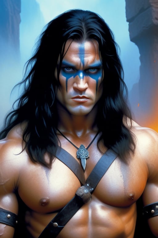 Conan the Barbarian, black long hair, dirt skin, blue eyes, black battle makeup, (dark mood masterpiece Oil on canvas by Gerald Brom),high quality, 8K Ultra HD, full depth of field and realistic textures, colorful, atmospheric haze, highly detailed, moody, epic, color graded, atmospheric lighting, imperfections, natural