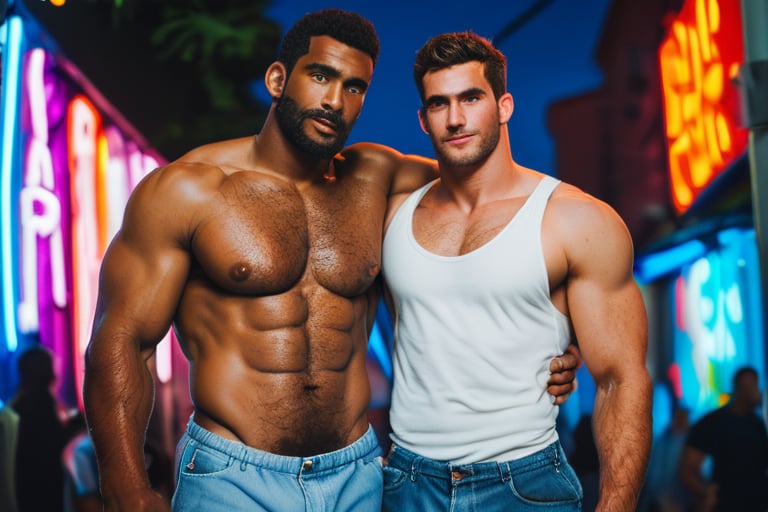 score_9, score_8_up, score_7_up, score_6_up,  (2men), rating_explicit, bara, portrait of a muscular fit male couple, interracial couple, male couple, hairy-chested, hairy arms, hairy body, hairy legs, masculine, fit daddies, wearing a white tank top, denim shorts, looking at viewer, with a rainbow flag, on a pride parade, neon lights, night time, male focus, male only