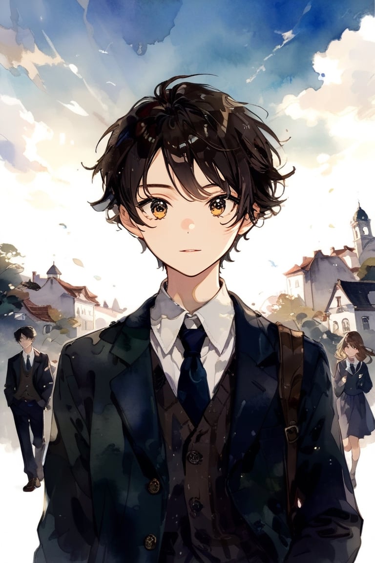 //quality
masterpiece, best quality, aesthetic, 
//Character
1 boy,
beautiful detailed eyes, big eyes, brown hair
//Fashion
The boy, dressed in a school uniform
//Background 
(watercolor:0.6), sky, scenery 