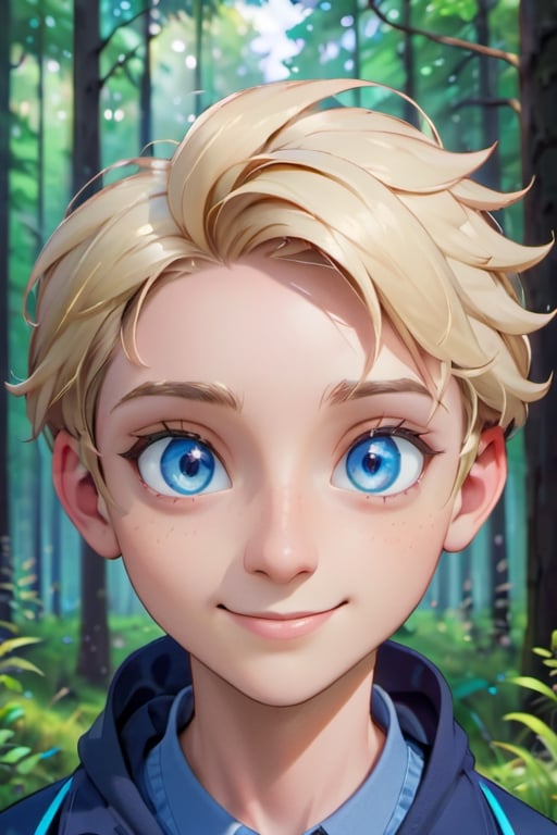 boy, face, front_view, viewer_view, medium_shot, cover_face, blue_eyes, smile,forest_background