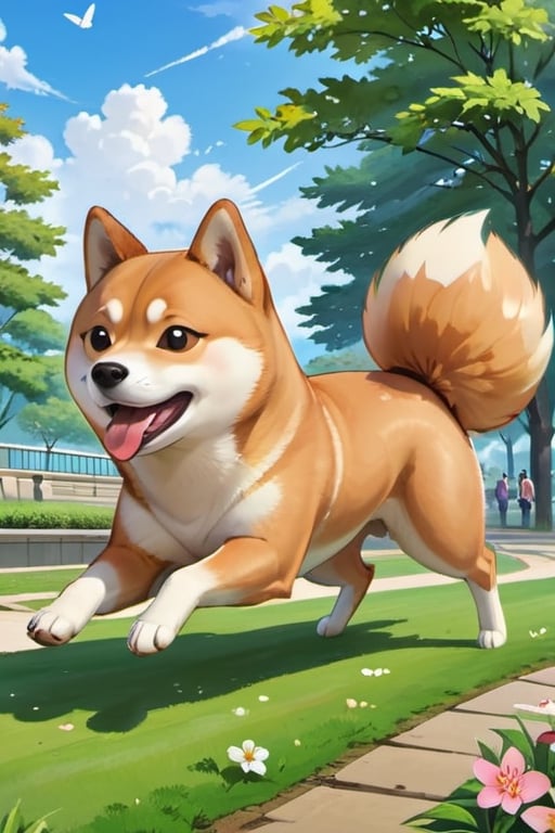 Here is the translation of the instructions into English:

Draw a Shiba Inu:
"Draw an energetic fat Shiba Inu on the canvas, capturing its excitement and running motion. Pay attention to its ears, tail, and unique facial features."

Set the park background:
"Create a background depicting a park around the Shiba Inu. Draw trees, grass, and possibly a pathway or road. Add details such as flowers, butterflies, or other park elements to enhance the liveliness.

 Convey the running action:
"Add a sense of speed and running motion to the Shiba Inu's action. Pay attention to drawing its limbs and body posture to show it running quickly in the park.