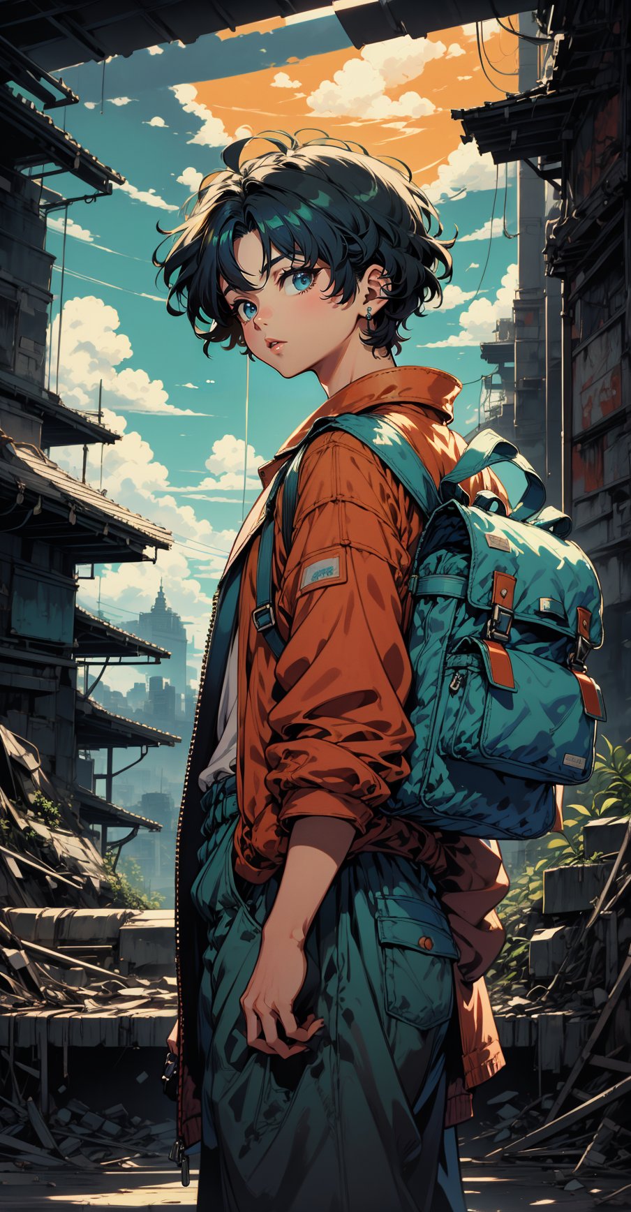 In a warm orange haze, a lone figure emerges against the reclaimed ruins of a city, now teeming with lush vegetation and vibrant greenery. The protagonist, a short-haired young man with bangs and piercings, stands tall, clutching a steel bottle in his hands. His dark-colored, post-apocalyptic attire is worn but determined expression shines through, framed by the bright blue noon sky with puffy white clouds. A small backpack adorns his back, symbolizing resilience and resourcefulness, set against the nostalgic charm of retro-illustration reminiscent of 1980s-1990s anime, as he surveys the revitalized landscape with his green eyes.