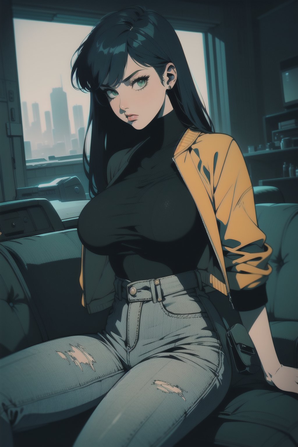 1girl, solo, long hair, blue hair, bangs, ((green eyes)), large breasts, interior, (morning),morning sky,living_room,couch, leather (black leotard),(leotard_under_clothes:1.2),(orange cropped_jacket ) , (denim (high-waist jeans), high-waist_pants), , score_9, score_8, score_7, score_6, retro, (cyberpunk), (close-up),cowboy_shot ,sad look,,dynamic pose,(sitting:1.2), masterpiece, best quality, amazing quality, very aesthetic, absurdres, depth of field,retanime,knva,halftone effect,retro artstyle, (colorful),rgbcolor,(Hands:1.1), ,better_hands