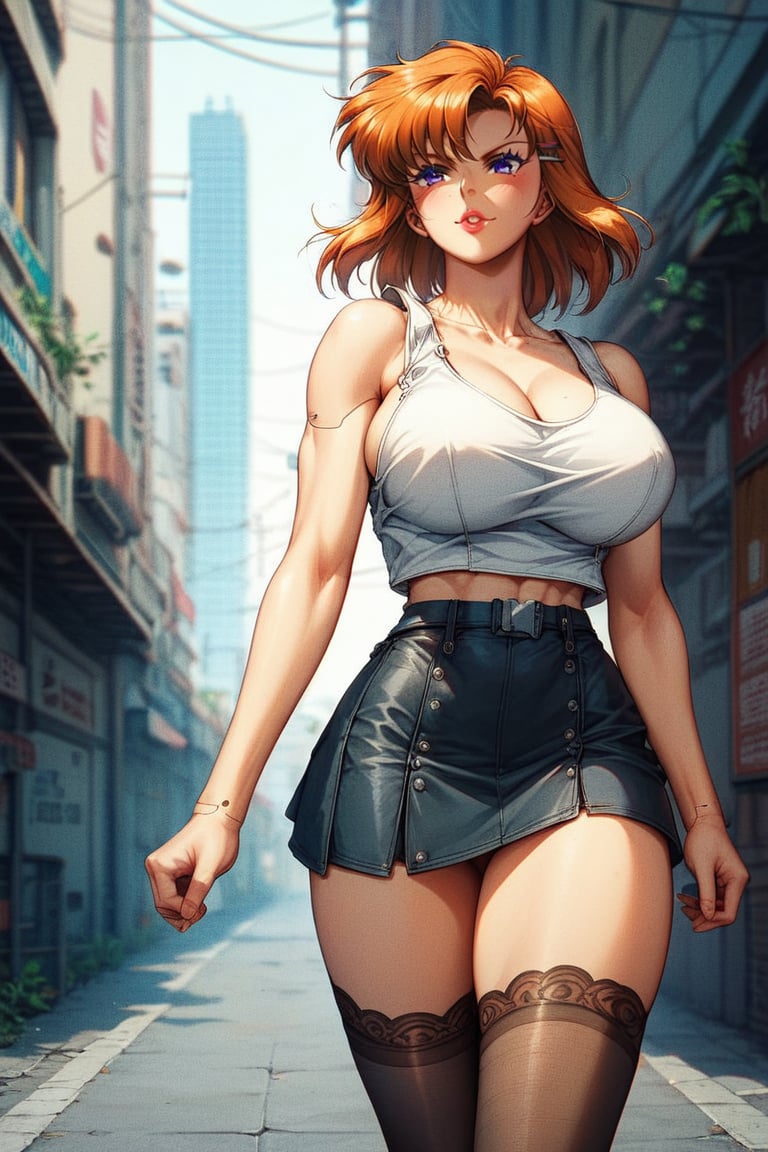 1girl, solo, medium hair, orange hair, bobcut, bangs, ((blue eyes)), huge breasts, apartment building, exterior, (street:1.2), market, morning sky, , white tank_top,(leather jacket), black (microskirt), (sheer thighhighs),(morning), , score_9, score_8, score_7, score_6, retro, cyberpunk, (close-up),cowboy_shot ,determined look,covered shoulders,dynamic pose,running,
masterpiece, best quality, amazing quality, very aesthetic, absurdres, depth of field